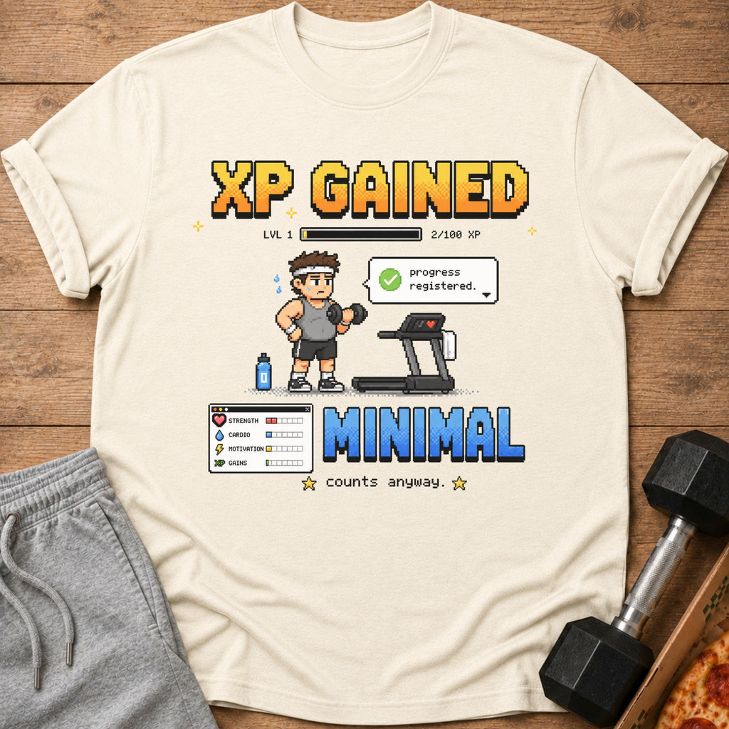 Pixel art t-shirt graphic "XP Gained" with character, treadmill, and stats.