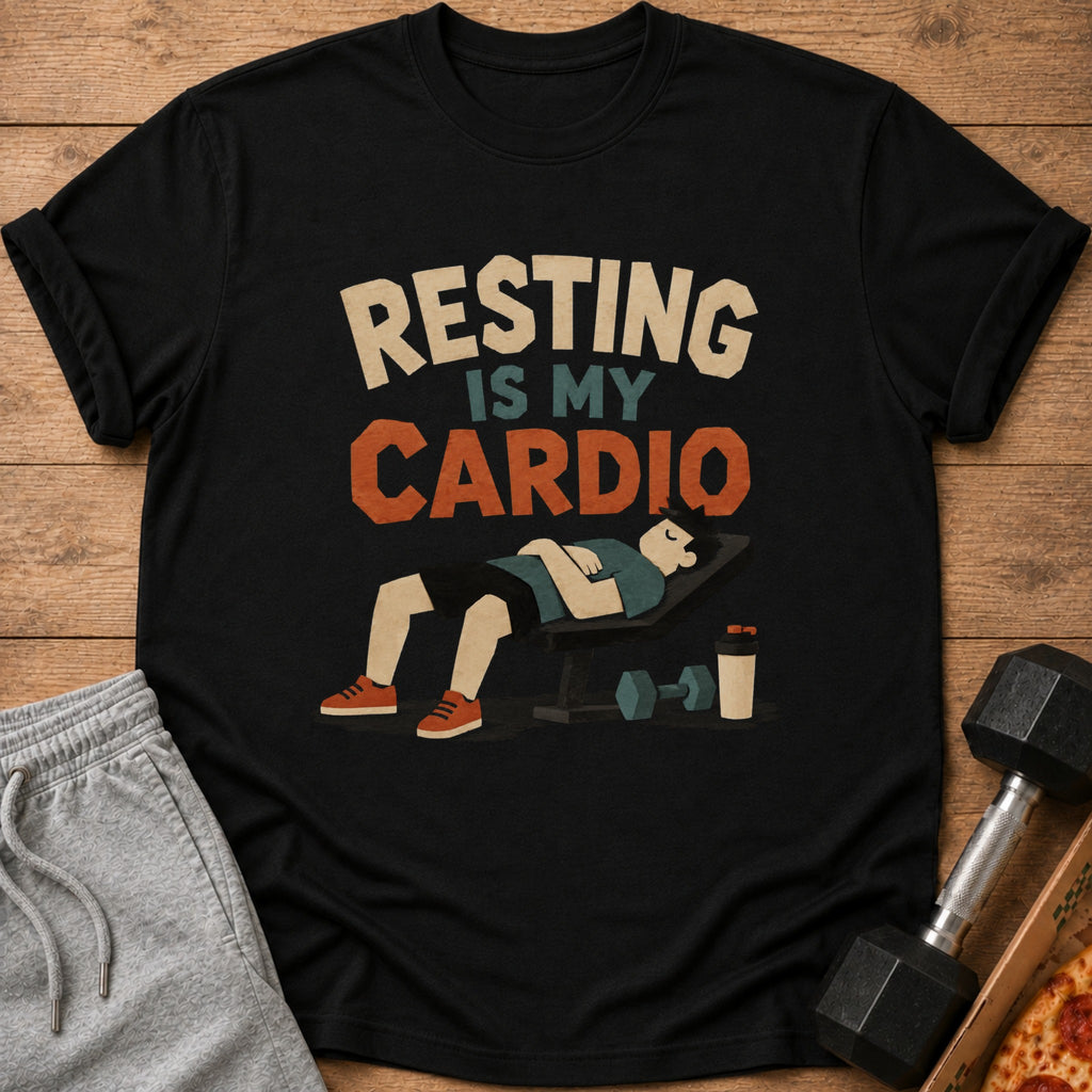 Black t-shirt with text "RESTING IS MY CARDIO" and a sleeping person on a bench.