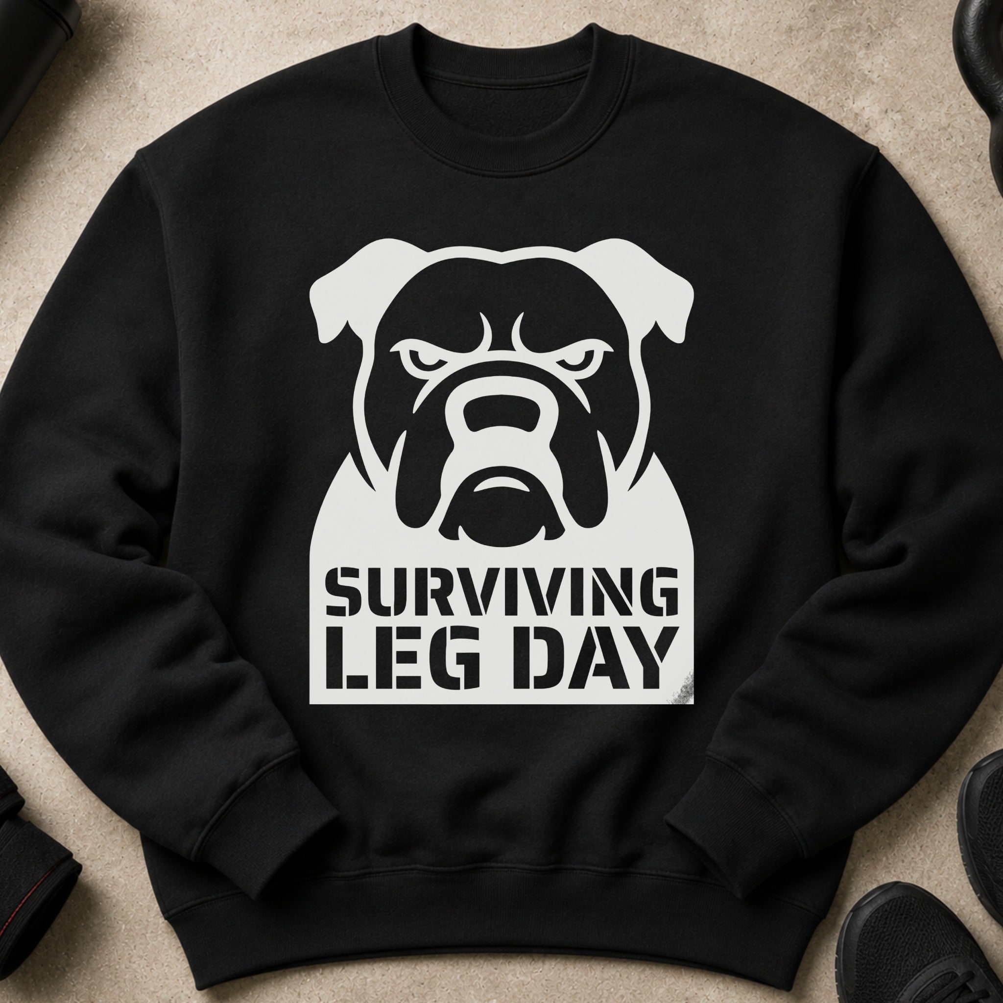 Black sweatshirt with a white bulldog graphic and "Surviving Leg Day" text.