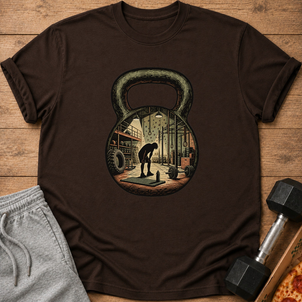 Brown t-shirt with kettlebell design featuring a gym interior and silhouetted person.