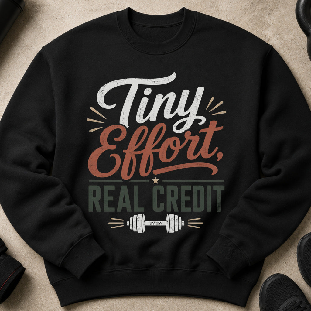 Black sweatshirt with text "Tiny Effort, Real Credit" and a barbell graphic.