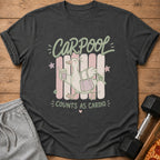T-shirt with a cartoon duck holding coffee and keys, text "Carpool Counts As Cardio".