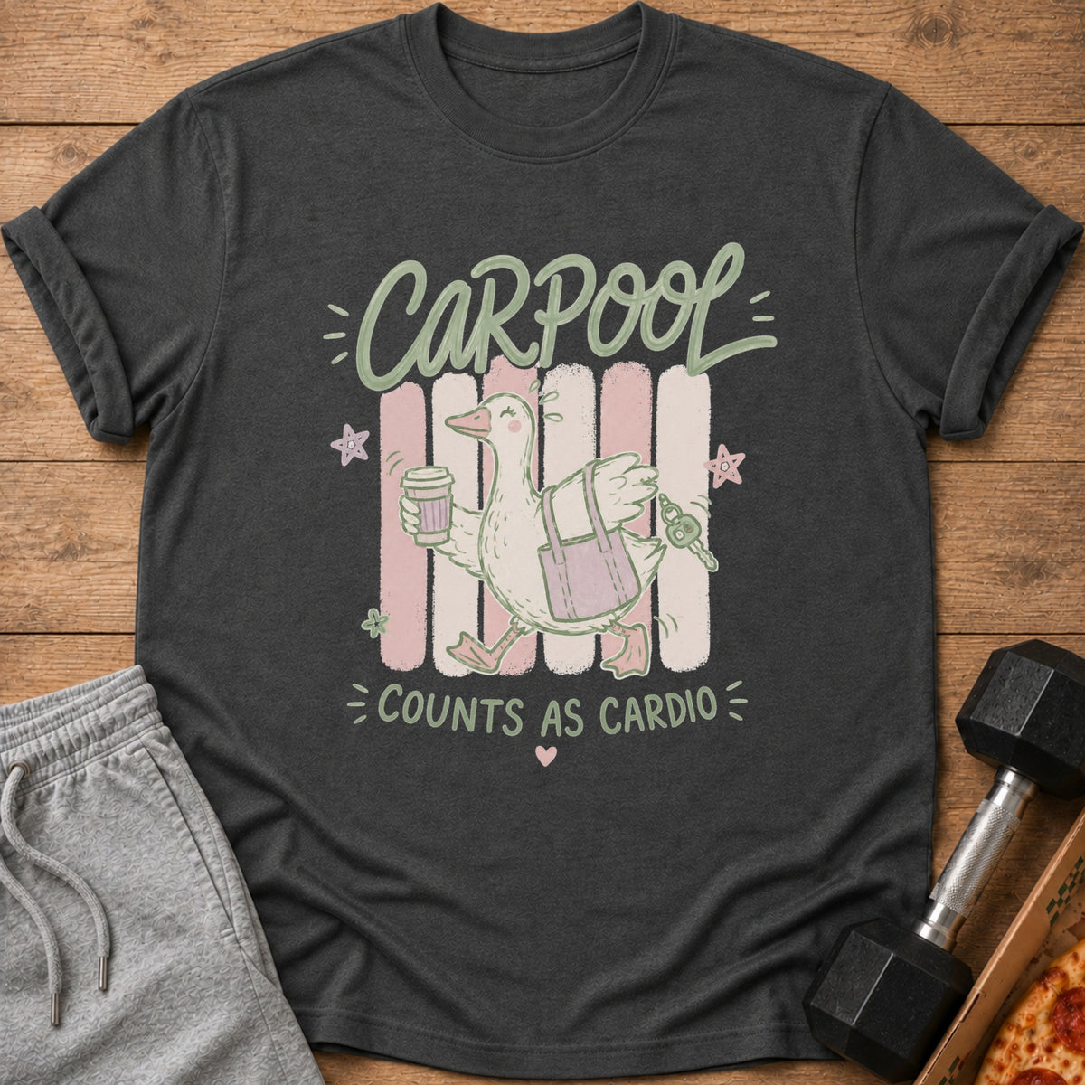 T-shirt with a cartoon duck holding coffee and keys, text "Carpool Counts As Cardio".