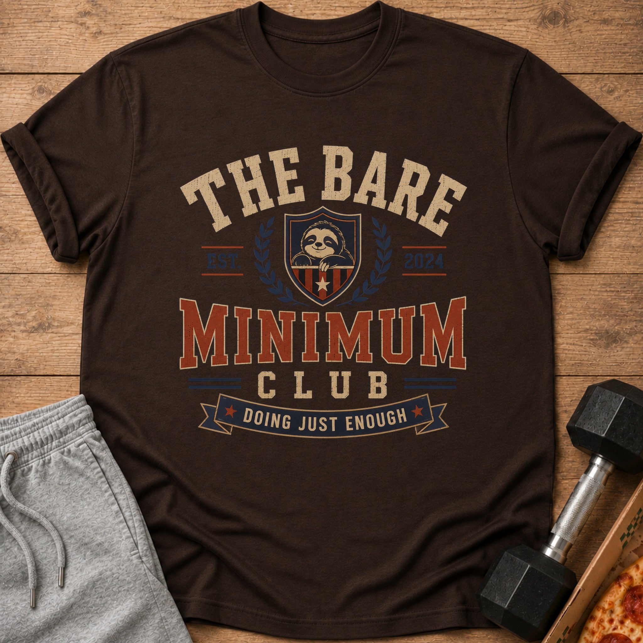 Brown t-shirt with "The Bare Minimum Club Doing Just Enough" and a sloth graphic.