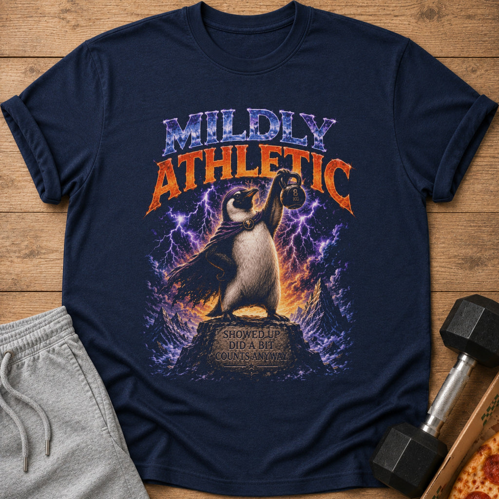T-shirt with a penguin holding a dumbbell, "MILDLY ATHLETIC" text, and stormy background.