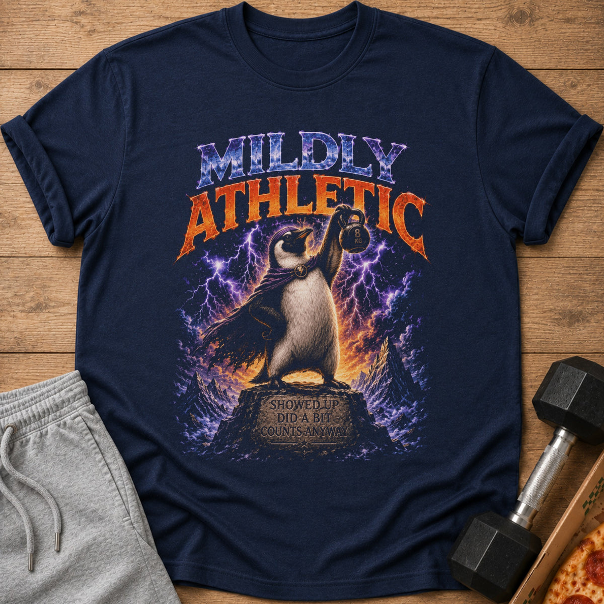 T-shirt with a penguin holding a dumbbell, "MILDLY ATHLETIC" text, and stormy background.