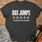 Dark t-shirt with "BOX JUMPS" and one yellow star with four grey stars.
