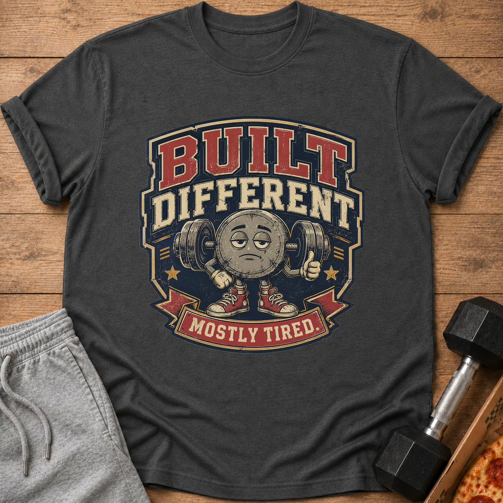 T-shirt with "BUILT DIFFERENT MOSTLY TIRED" text and a cartoon character lifting weights.