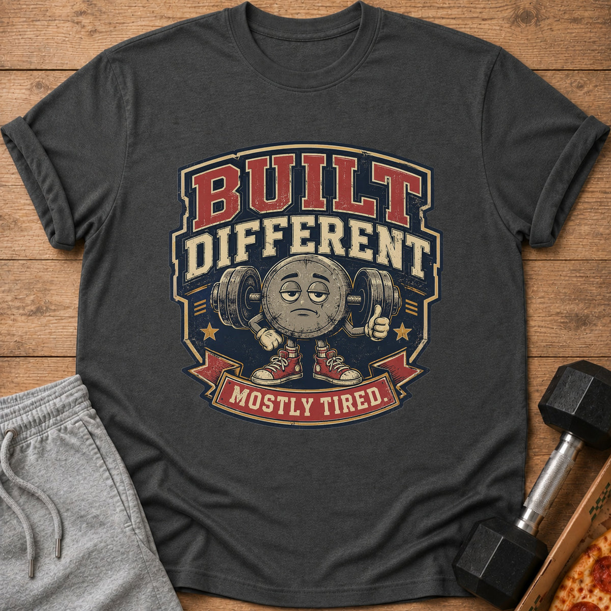 T-shirt with "BUILT DIFFERENT MOSTLY TIRED" text and a cartoon character lifting weights.
