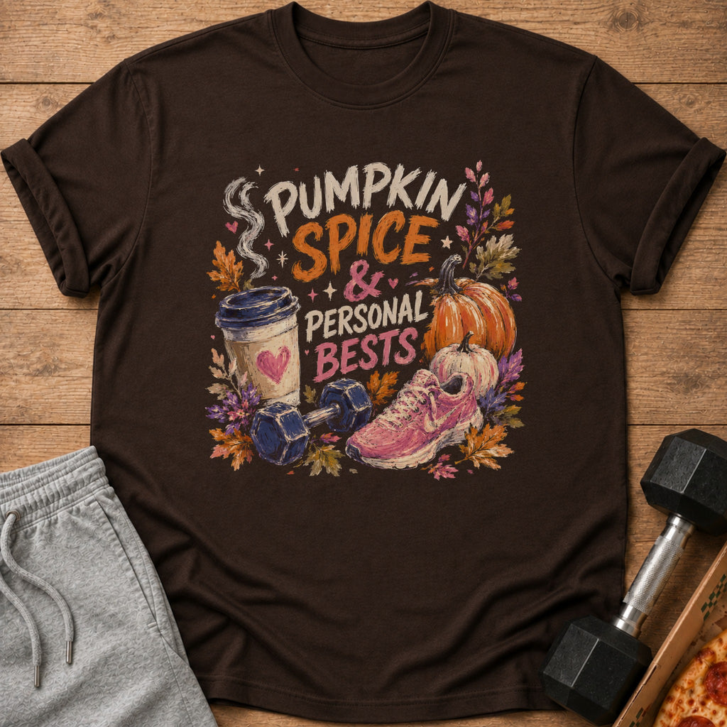 Brown t-shirt with "Pumpkin Spice & Personal Bests" text and fall graphics.