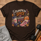 Brown t-shirt with "Pumpkin Spice & Personal Bests" text and fall graphics.