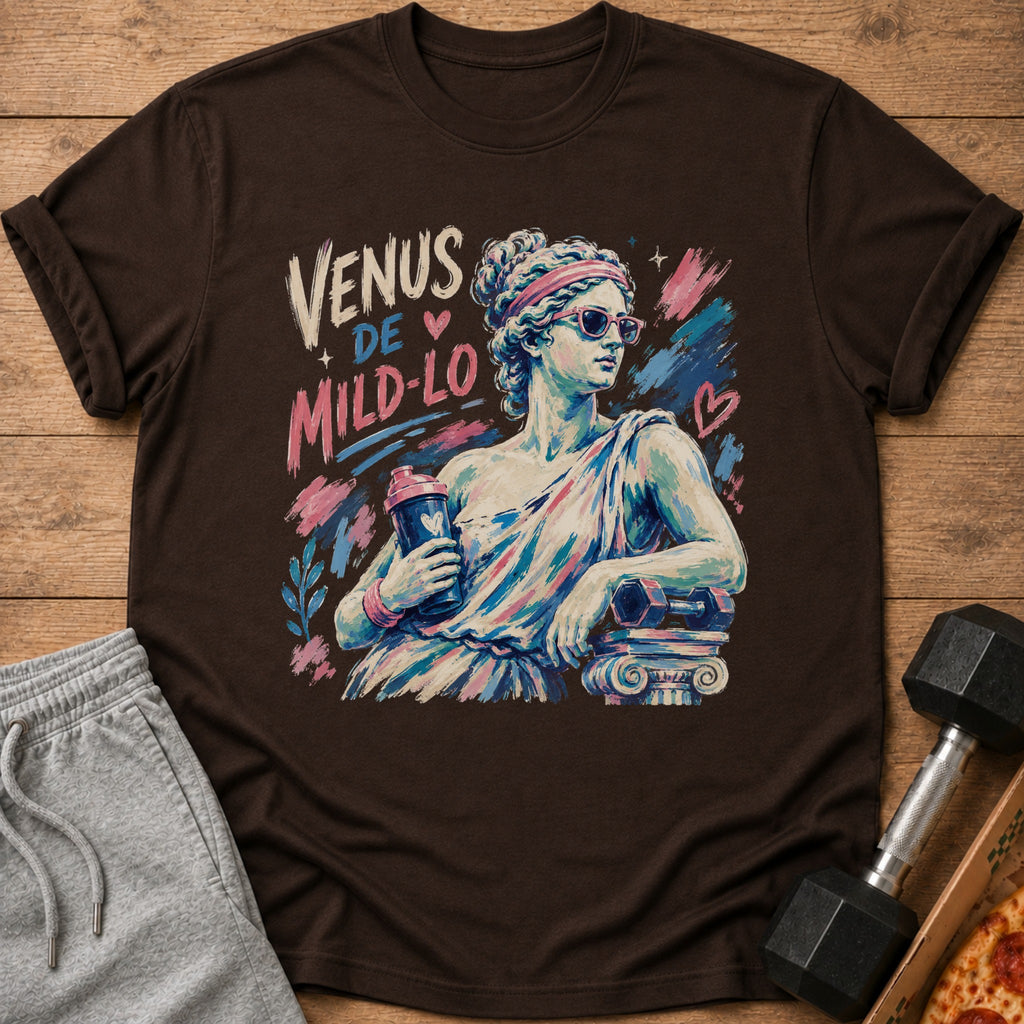 Brown t-shirt with "Venus De Mild-Lo" text and a statue holding a shaker.