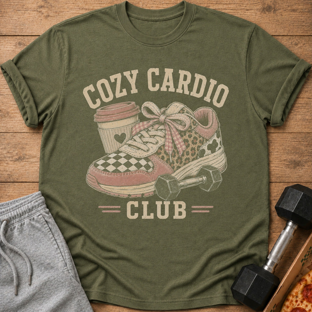 T-shirt graphic with text "COZY CARDIO CLUB" and a sneaker, coffee cup, and dumbbell.