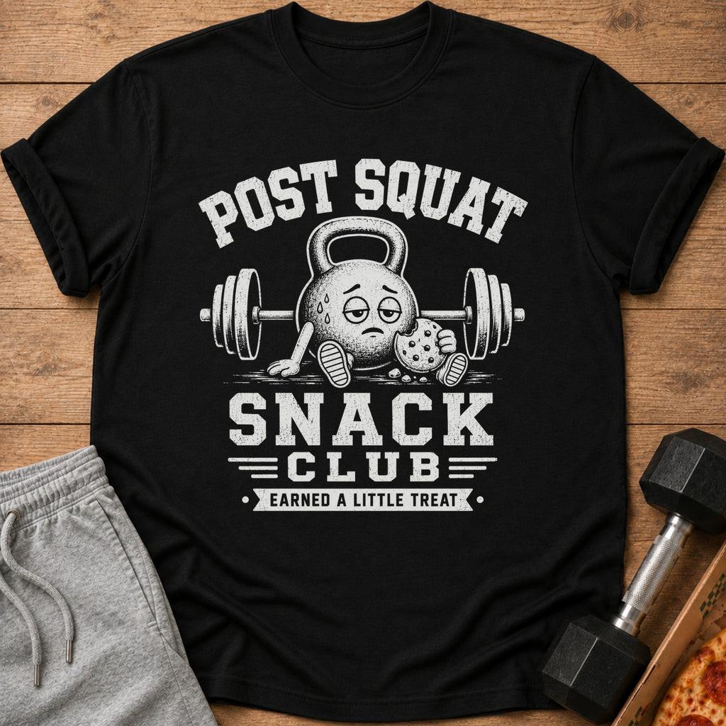 Black t-shirt with "POST SQUAT SNACK CLUB" text and a tired kettlebell holding a cookie.