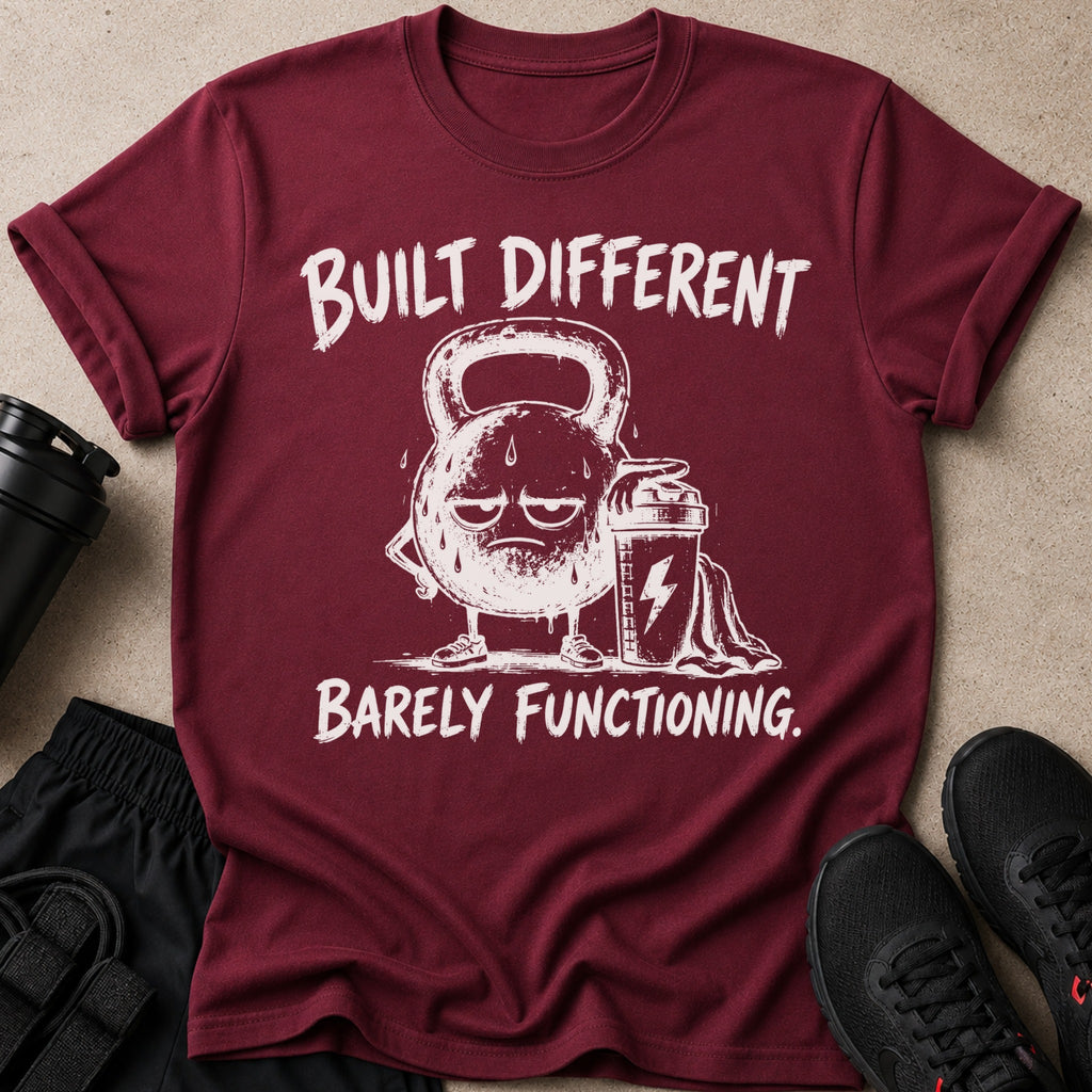 Maroon t-shirt with cartoon kettlebell and shaker, text "BUILT DIFFERENT BARELY FUNCTIONING."