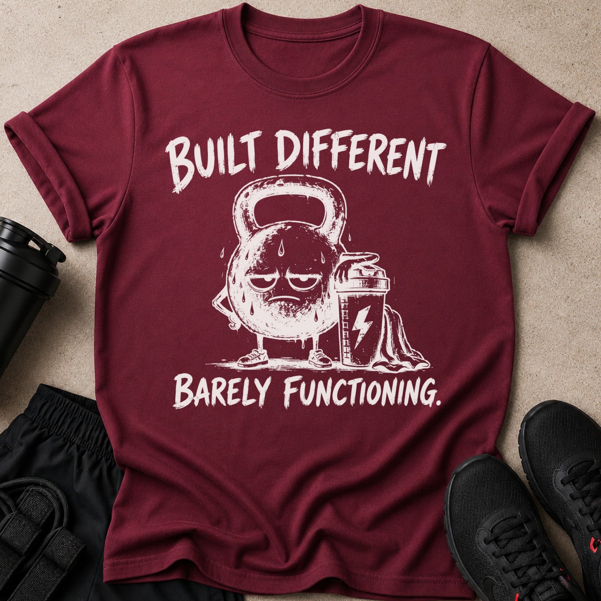 Maroon t-shirt with cartoon kettlebell and shaker, text "BUILT DIFFERENT BARELY FUNCTIONING."