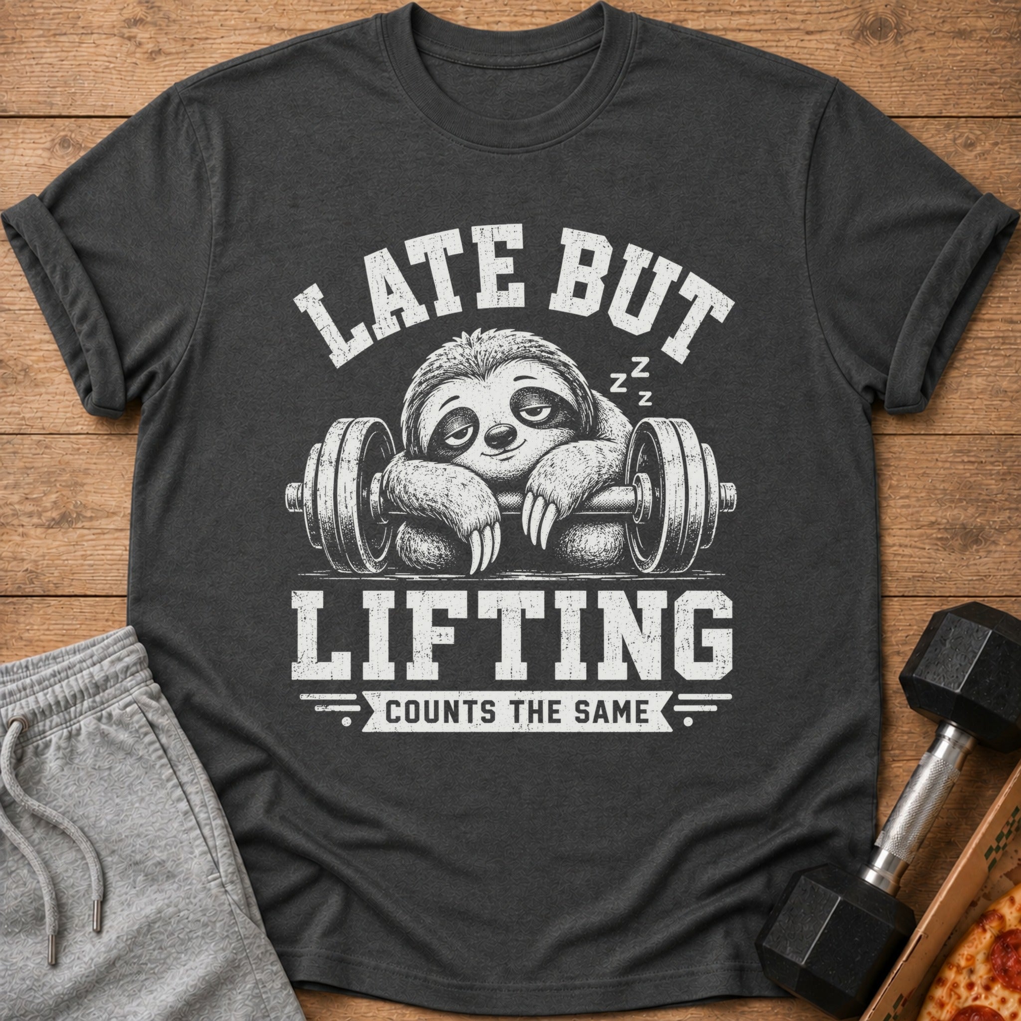 Dark gray t-shirt with a sleeping sloth on a barbell, reading "LATE BUT LIFTING COUNTS THE SAME".
