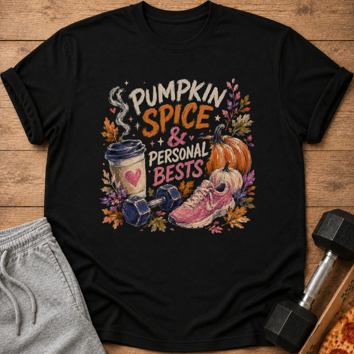 A black t-shirt printed with autumn-themed workout graphics, including a coffee cup, dumbbell, and sneakers.