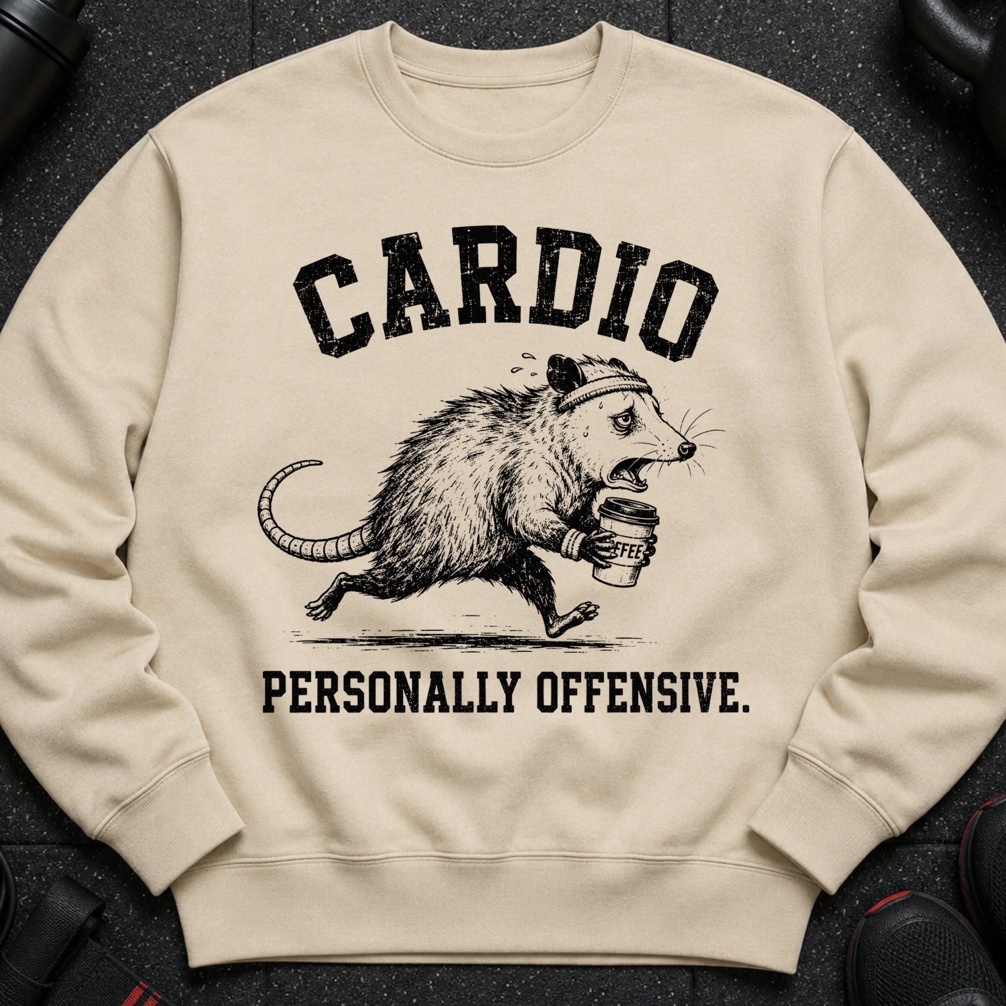 Beige sweatshirt with distressed graphic of a sweating possum running with coffee, text above and below.