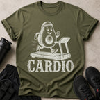 Green t-shirt with cartoon avocado running on treadmill and "CARDIO" text.