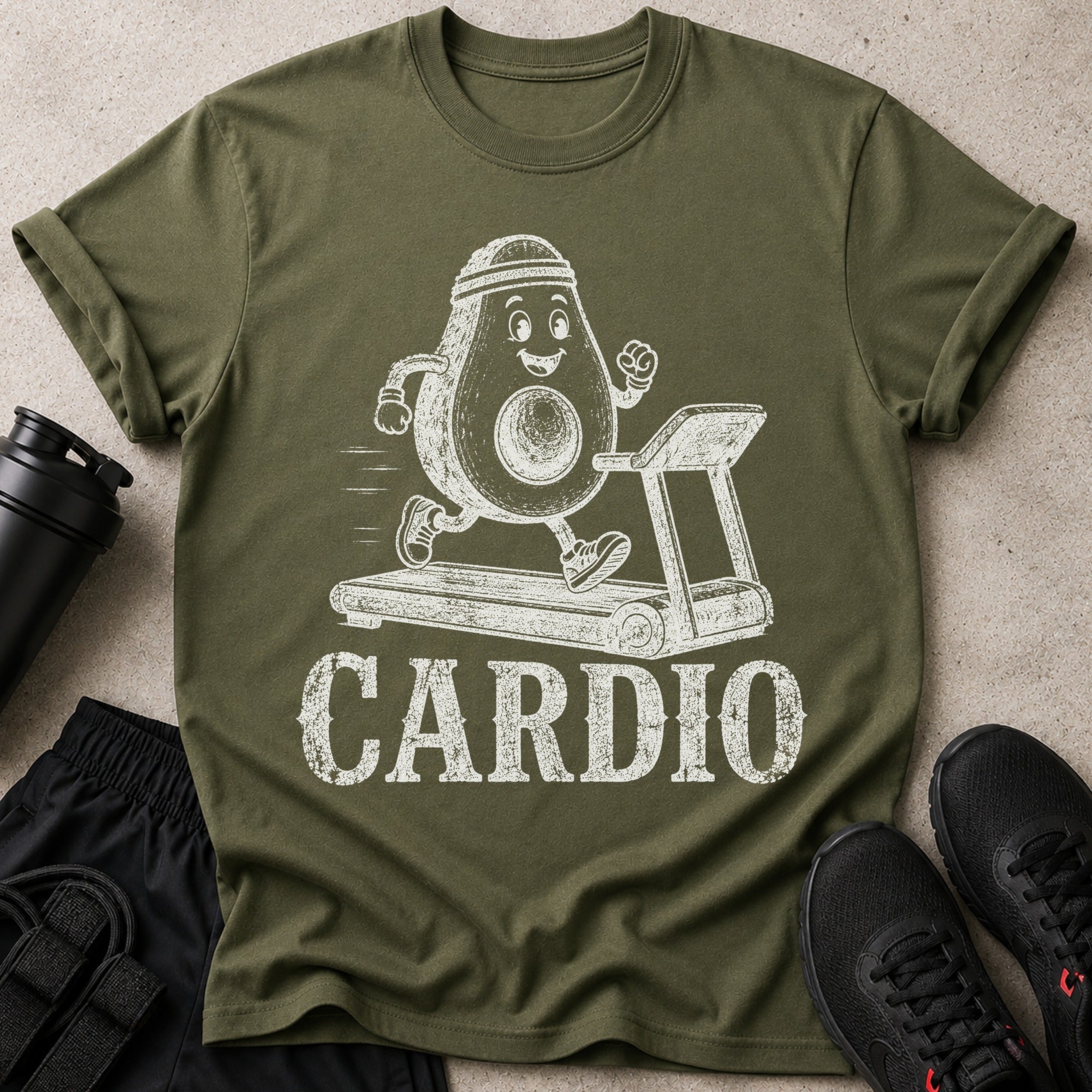 Green t-shirt with cartoon avocado running on treadmill and "CARDIO" text.