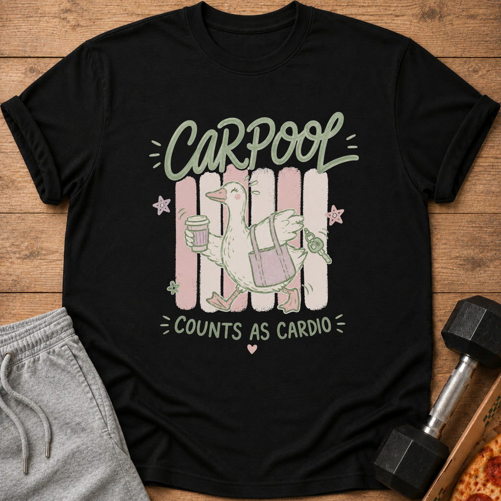 Black t-shirt with "CARPOOL COUNTS AS CARDIO" text and cartoon duck.