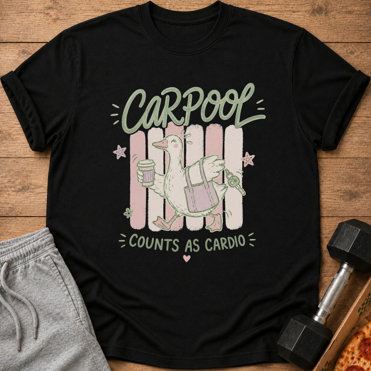 Black t-shirt with "CARPOOL COUNTS AS CARDIO" text and cartoon duck.