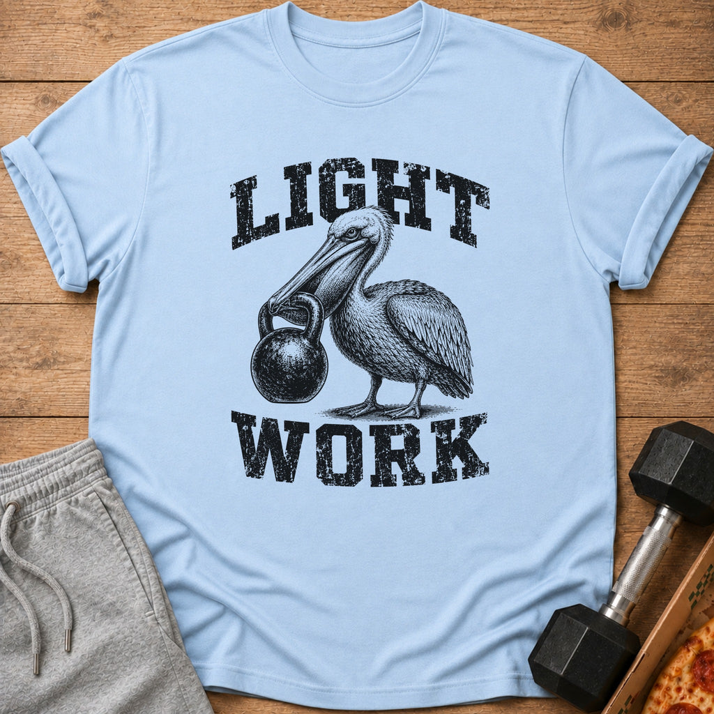 Light Work graphic on light blue t-shirt with pelican holding kettlebell.
