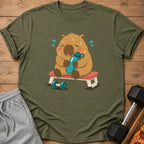 Cartoon capybara sitting on workout bench holding water bottle with sweat drops.