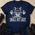 Navy t-shirt with a mouse lifting weights and the text "SMALL BUT LEGIT."