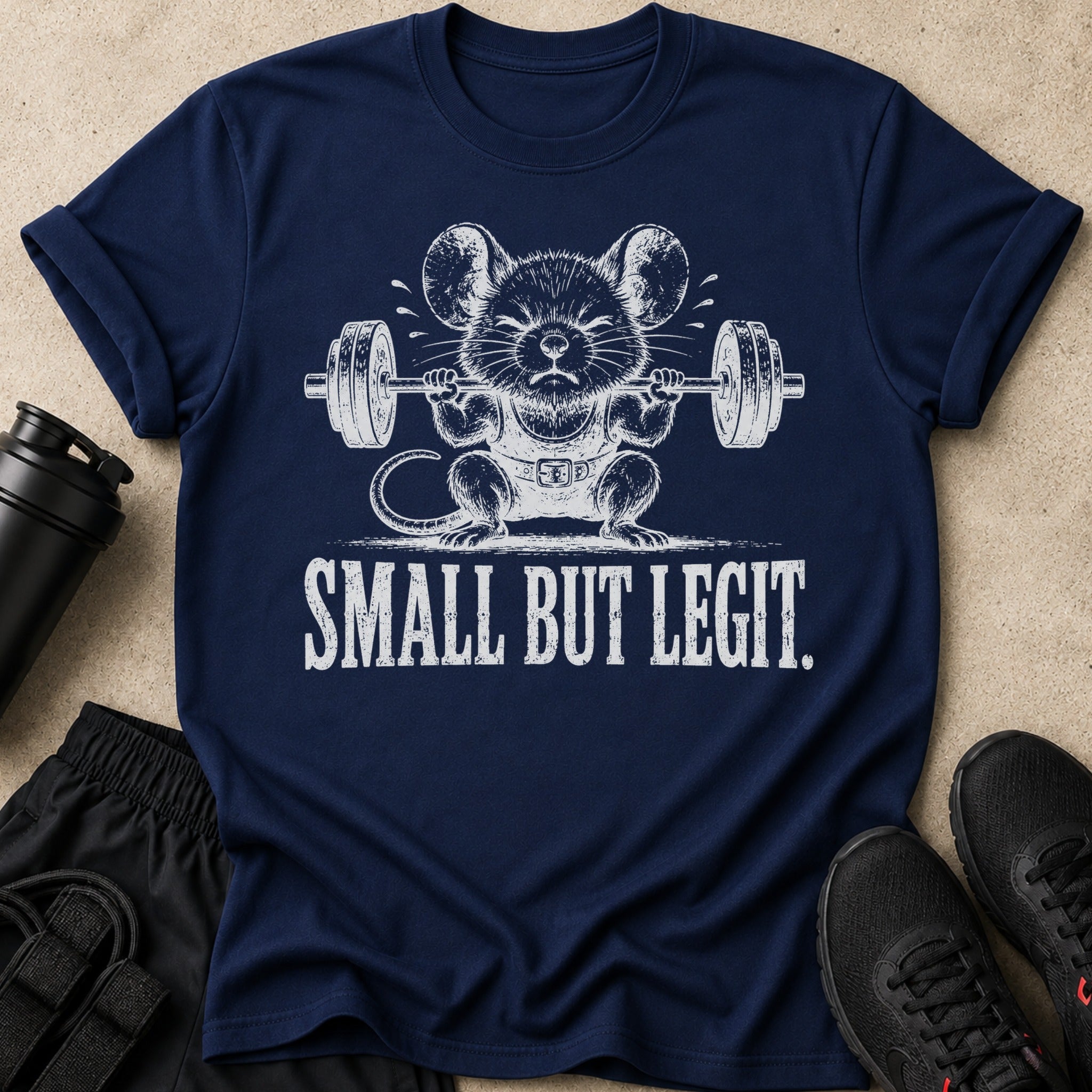 Navy t-shirt with a mouse lifting weights and the text "SMALL BUT LEGIT."