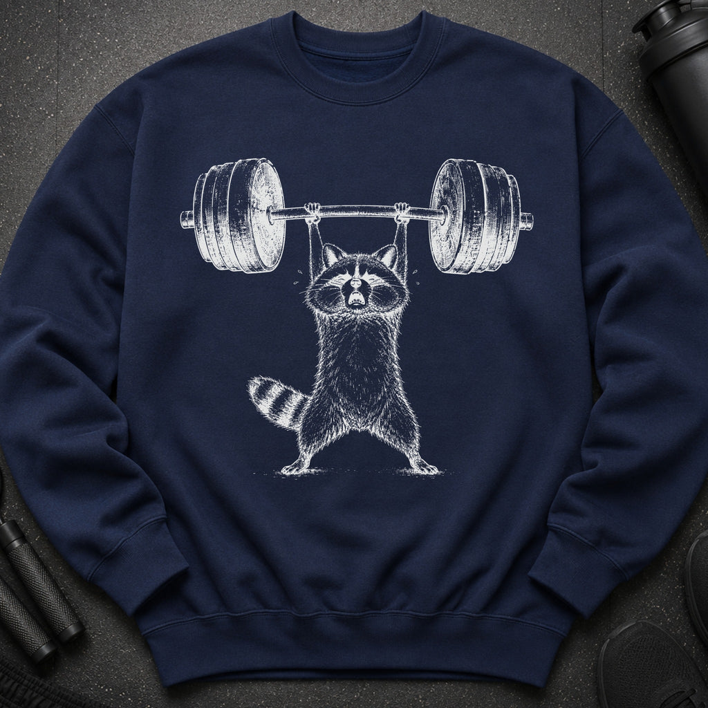 Navy sweatshirt with white graphic of a raccoon lifting a barbell.