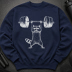 Navy sweatshirt with white graphic of a raccoon lifting a barbell.