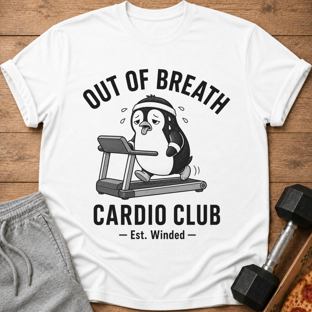 White t-shirt with penguin on treadmill graphic and text "OUT OF BREATH CARDIO CLUB".