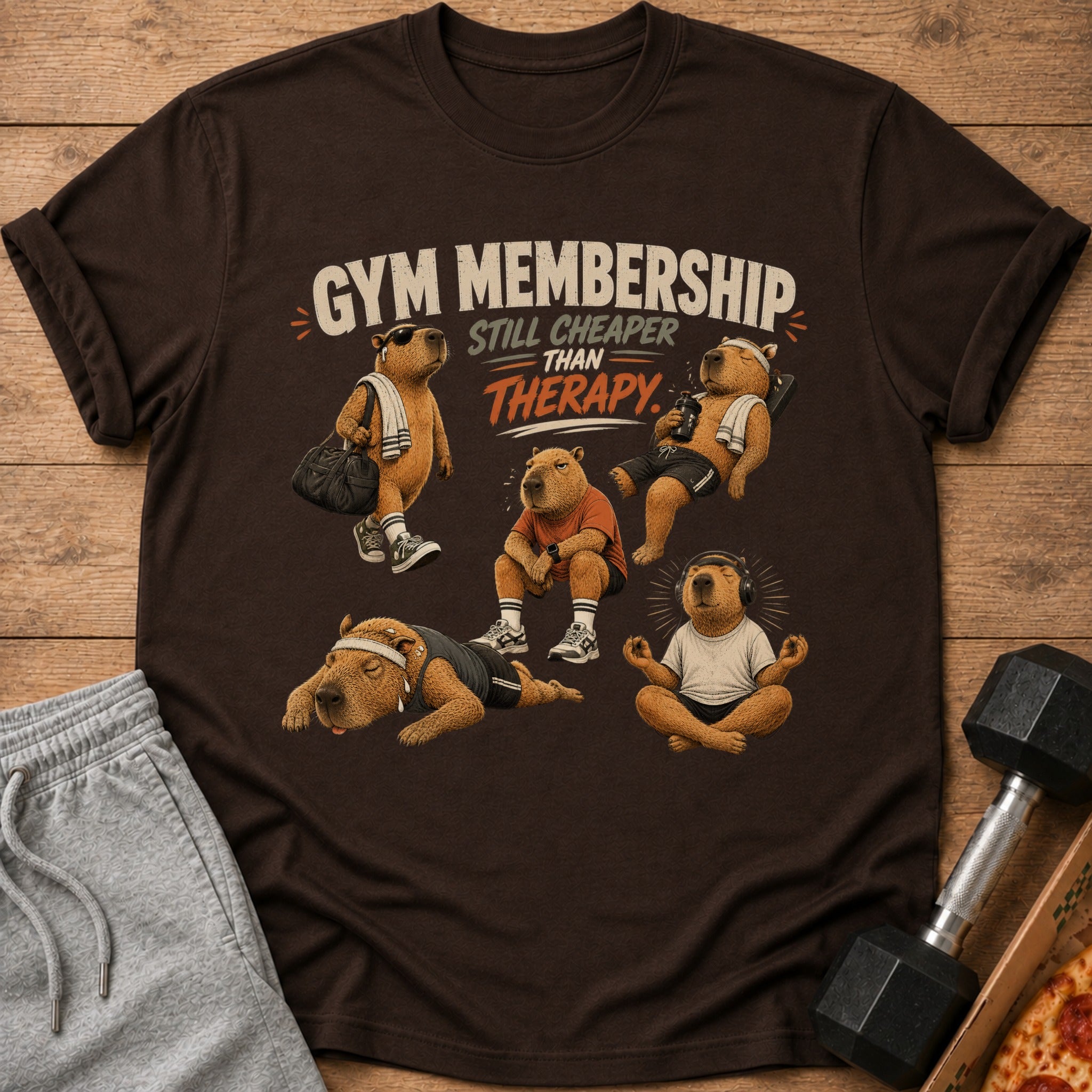 Brown t-shirt with capybaras working out and text "Gym Membership Still Cheaper Than Therapy".