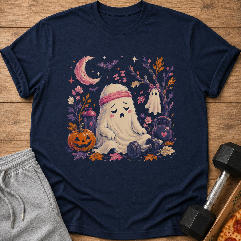 Sleepy ghost with headband sits by pumpkin and weights under crescent moon.