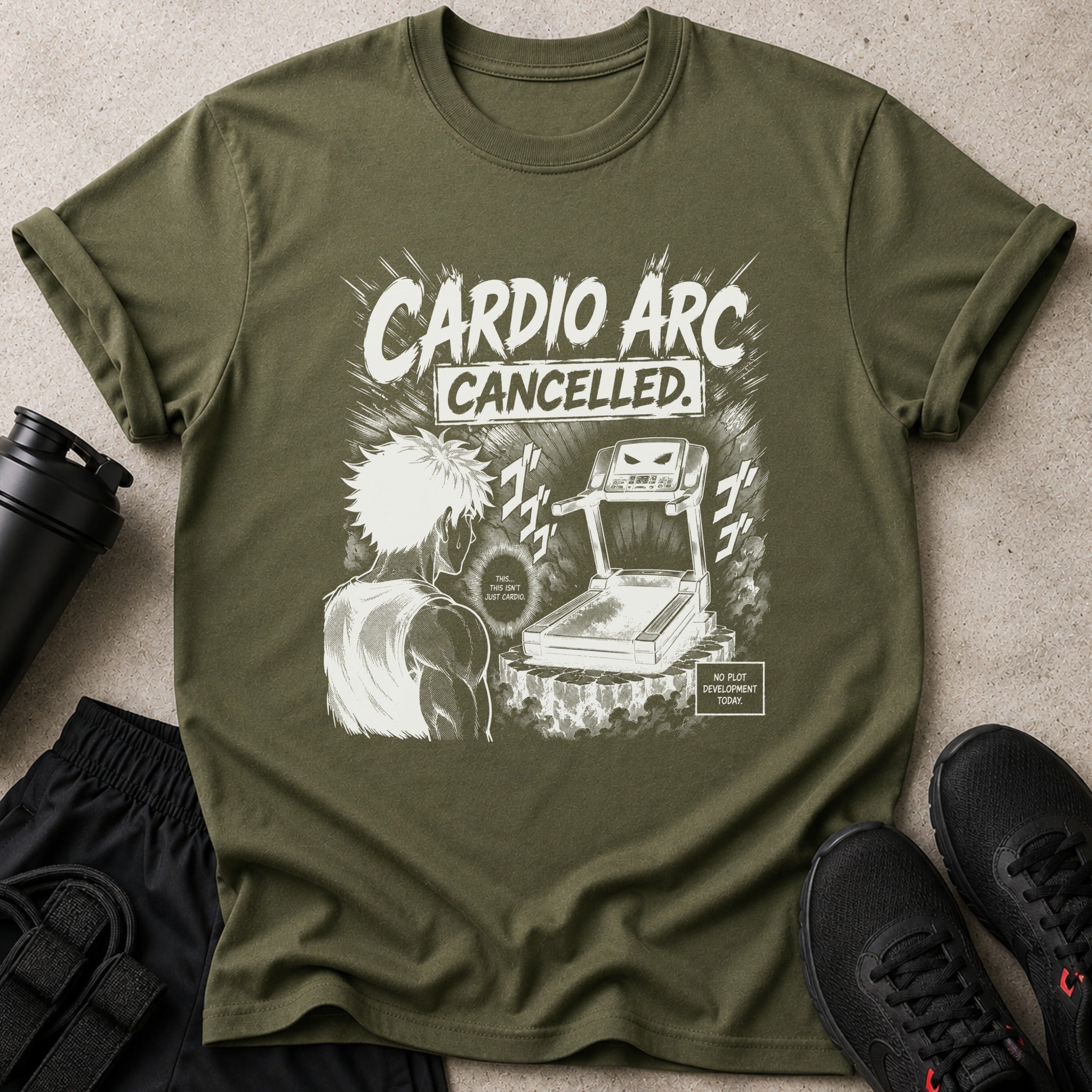 Olive green t-shirt with "CARDIO ARC CANCELLED" graphic and anime-style illustration.