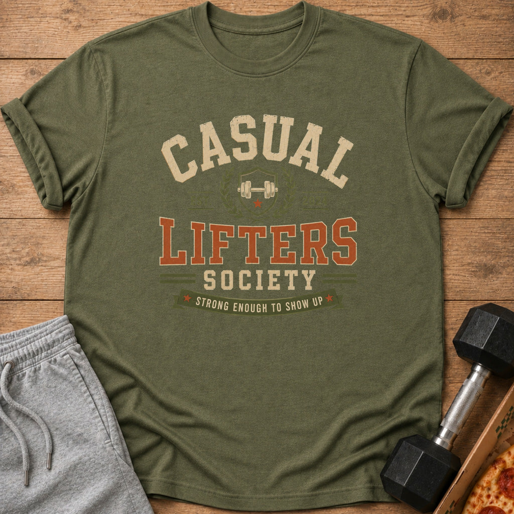 Olive green t-shirt with "CASUAL LIFTERS SOCIETY" text and dumbbell graphic.