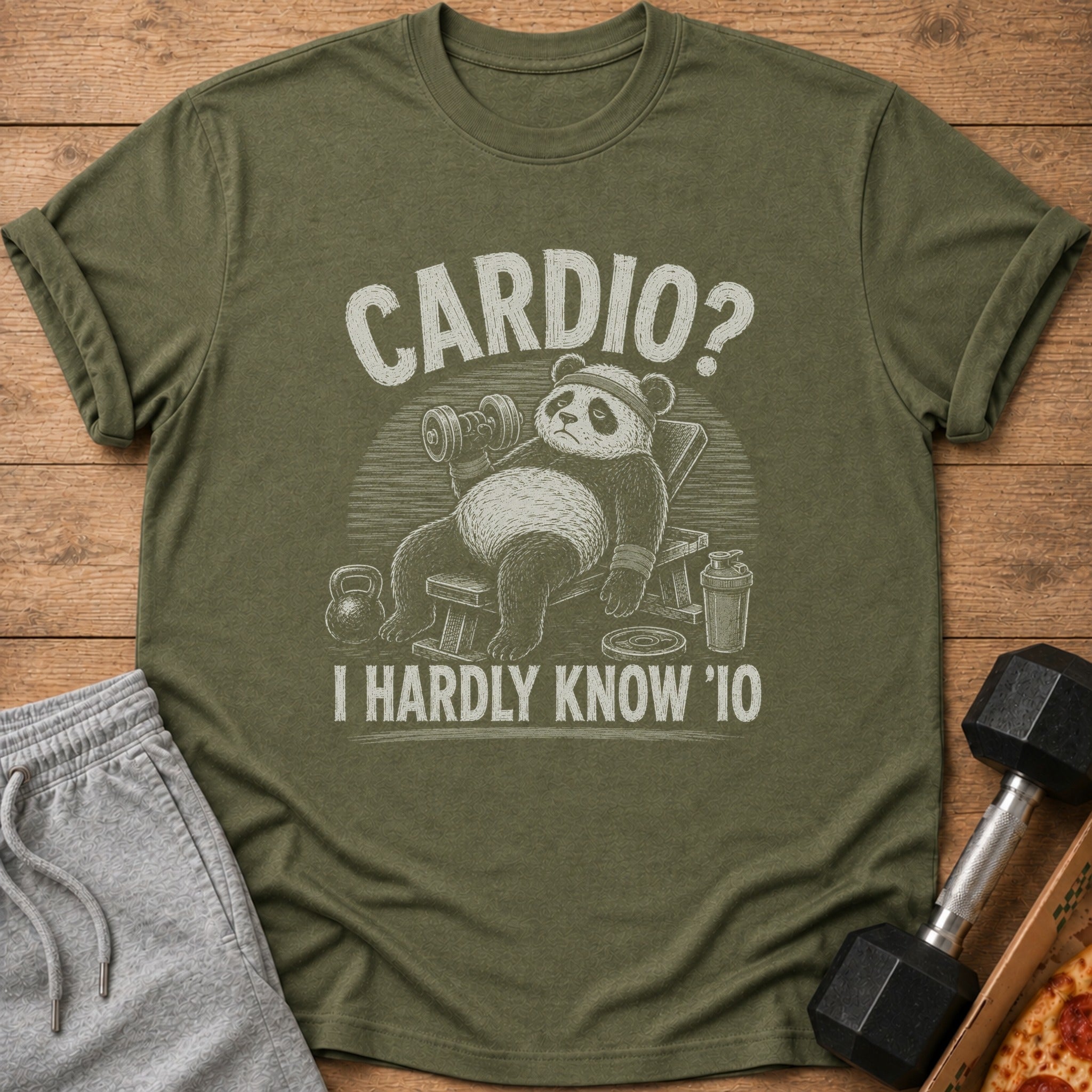 Olive green t-shirt with a panda lifting weights and text "CARDIO? I HARDLY KNOW '10".