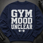 Navy sweatshirt with distressed white text reading "GYM MOOD UNCLEAR" and a barbell graphic.