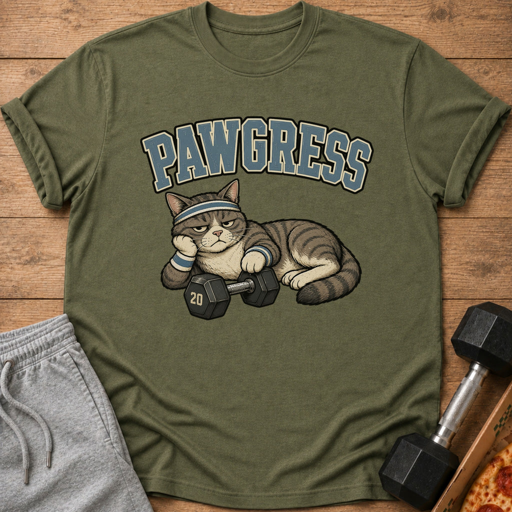 Green t-shirt with text "PAWGRESS" above a tired cat with a dumbbell.