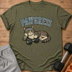 Green t-shirt with text "PAWGRESS" above a tired cat with a dumbbell.