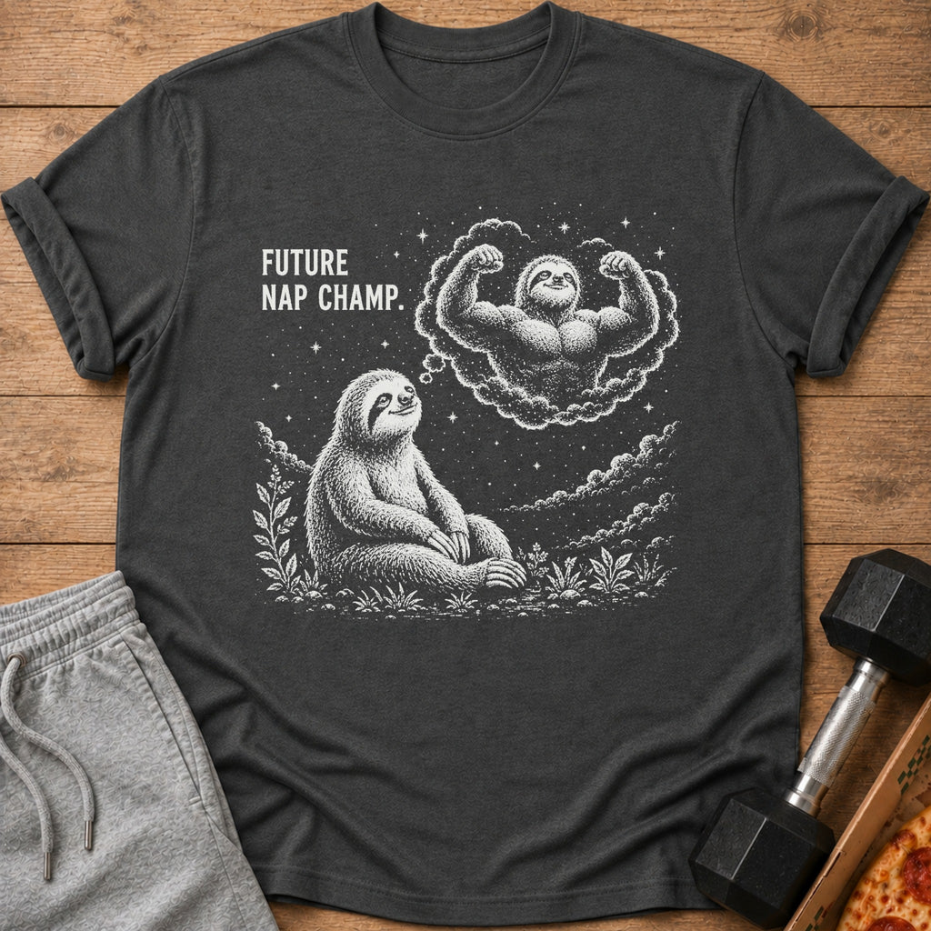 Dark t-shirt with white graphic of a sloth thinking about a muscular sloth, "Future Nap Champ."