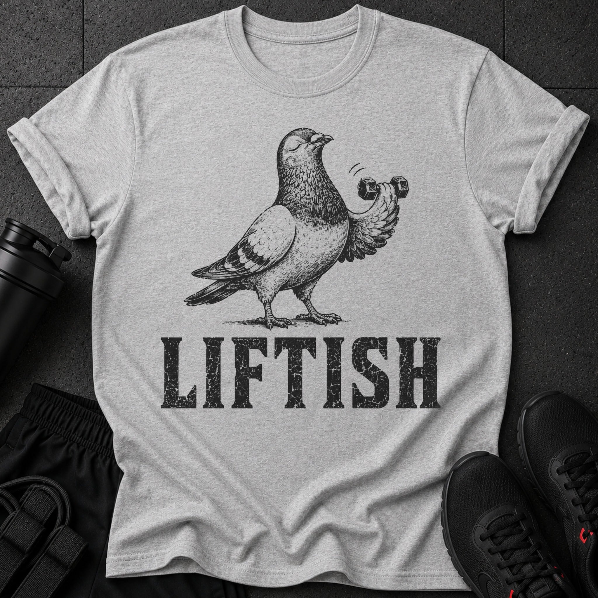 Grey t-shirt with a pigeon lifting a dumbbell and the word "LIFTISH".