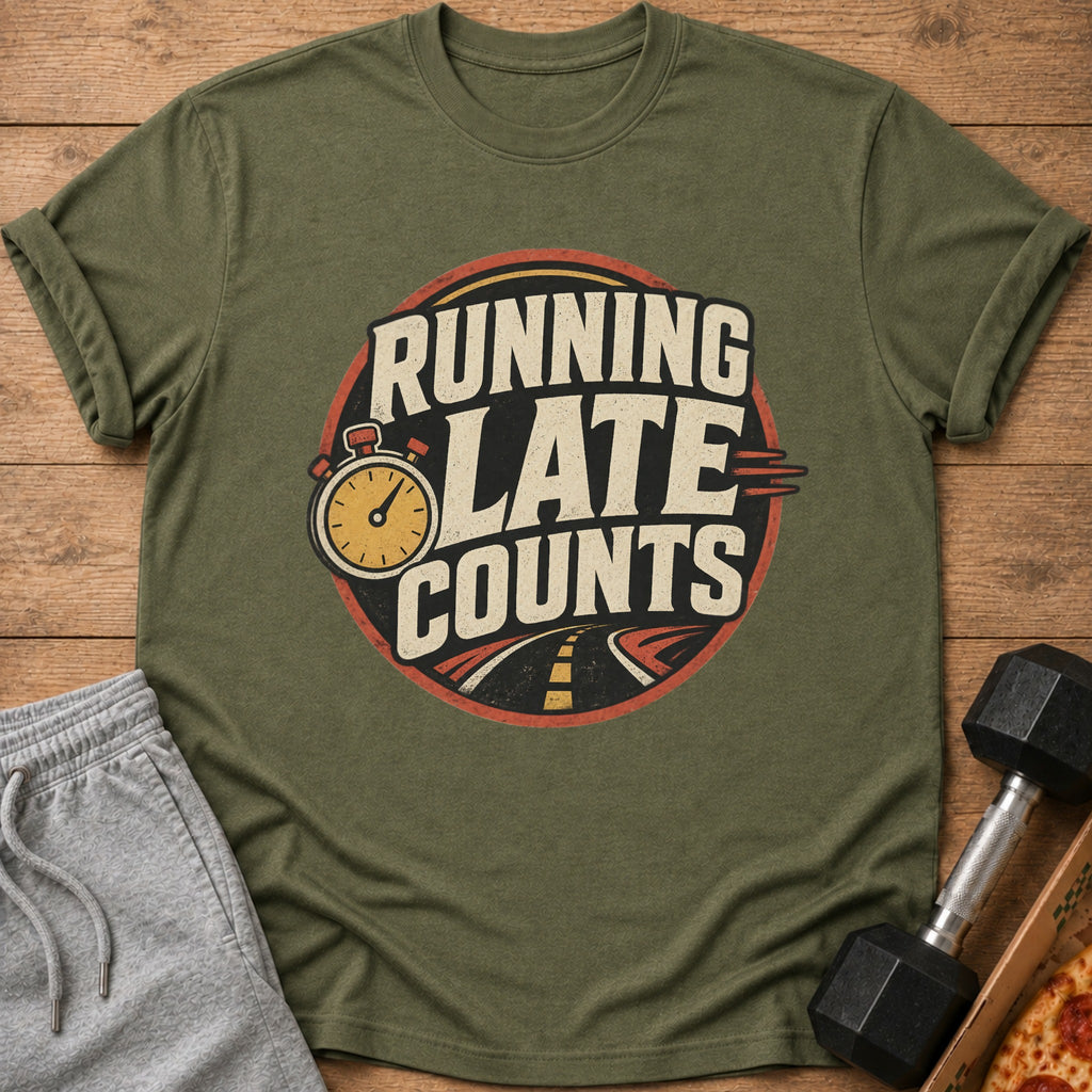 Olive green t-shirt with "Running Late Counts" text and stopwatch graphic.