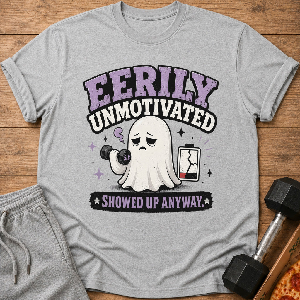 Gray t-shirt with a sad ghost lifting a dumbbell and saying "Eerily Unmotivated".