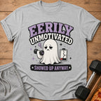 Gray t-shirt with a sad ghost lifting a dumbbell and saying "Eerily Unmotivated".