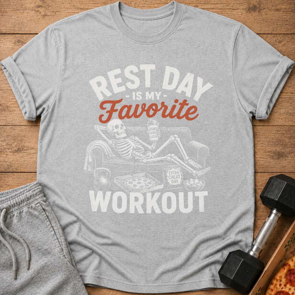 Grey t-shirt with "REST DAY IS MY FAVORITE WORKOUT" text and skeleton on couch.