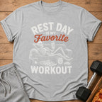 Grey t-shirt with "REST DAY IS MY FAVORITE WORKOUT" text and skeleton on couch.