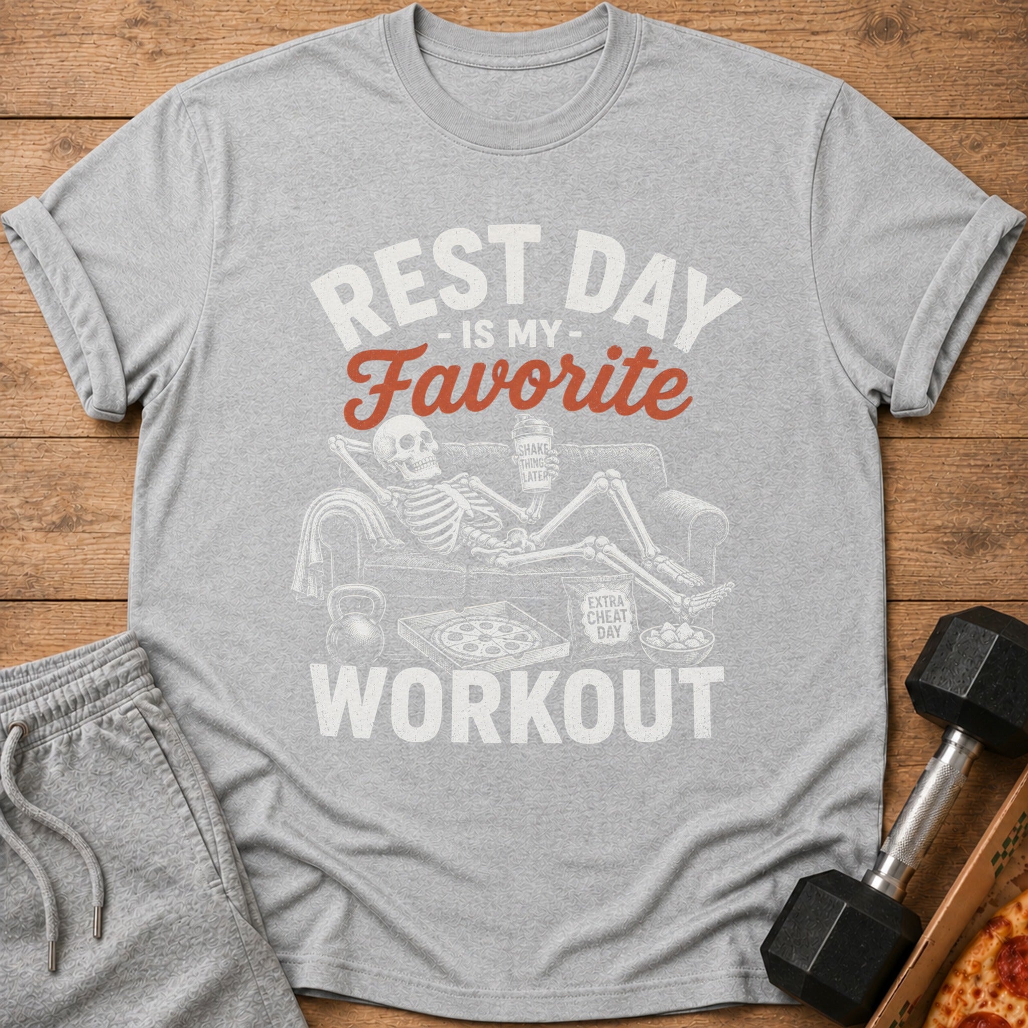 Grey t-shirt with "REST DAY IS MY FAVORITE WORKOUT" text and skeleton on couch.